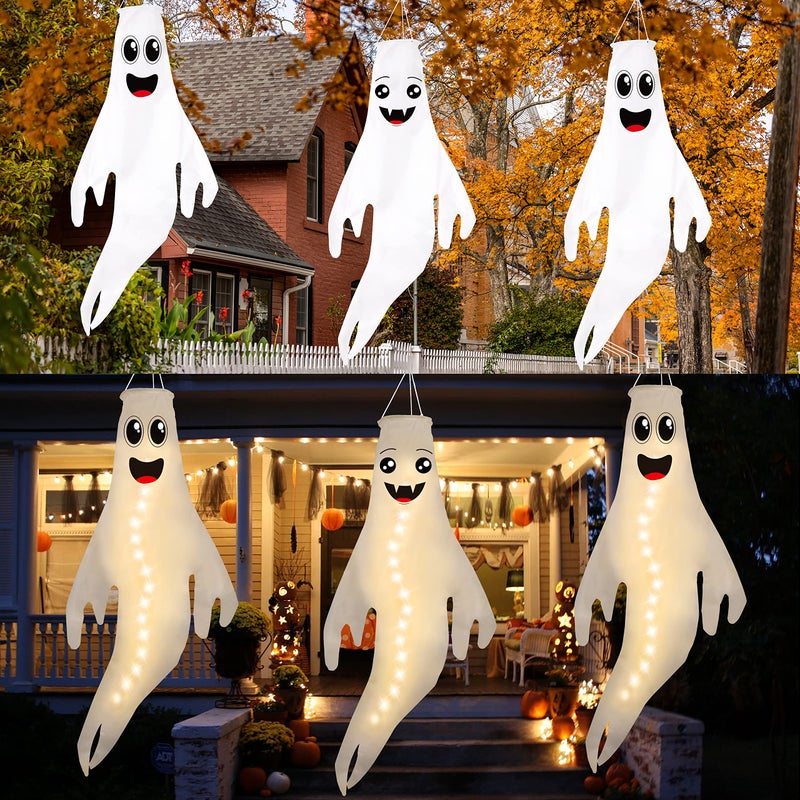 Geefuun 3PCS 43 Inch Halloween Ghost Windsocks Hanging Decorations - Flag Wind Socks for Home Yard Outdoor Decor Party Supplies (Batteries Not Included No Timer) - Image 3